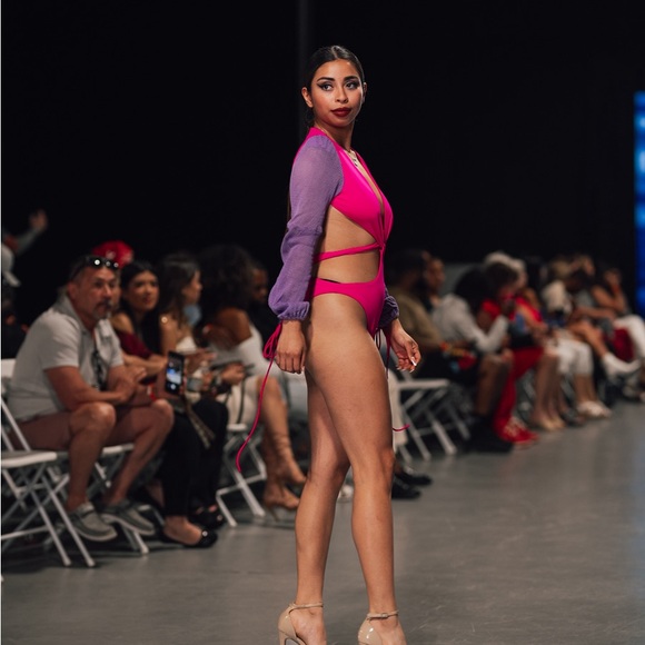 PORSHIA brand pink and purple Monokini with mesh sleeves and cutouts. NWT. - Picture 14 of 17